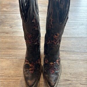 Laredo Women's Brown Animal Print Heeled Leather Western Boots Snip Toe